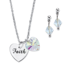 Aurora Borealis Crystal Silvertone Heart Faith Charm Necklace Set - £72.15 GBP