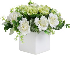 White Rose Fake Flower Bouquet Arrangement In Sq.Are White Ceramic Vase By - $39.99