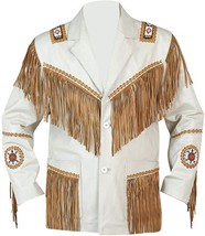 Men Western Wear Cowhide Beige Leather Cognac Fringe Coat Jacket Beaded ... - £125.04 GBP