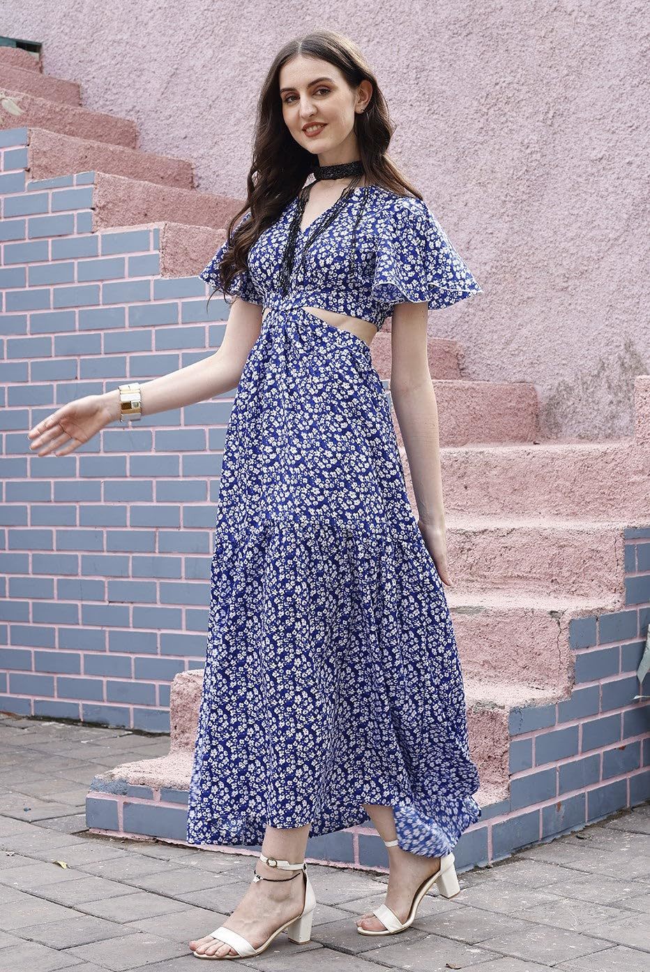 Women&#39;s Printed Fit &amp; Flare V-Neck Casual Maxi Dress - $20.04
