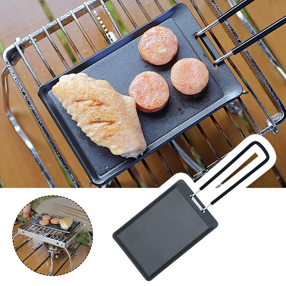 Camping Frying Pan Outdoor Rectangular Non Stick Barbecue Plate Small Iron Plate - £10.79 GBP