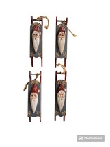 Vintage Primitive Wooden Sleigh Xmas Ornament Santa Face Lot X 4 - $34.65