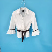 Peck &amp; Peck Womens Button Up Shirt White Brown Long Sleeve Bell Collar B... - £18.18 GBP