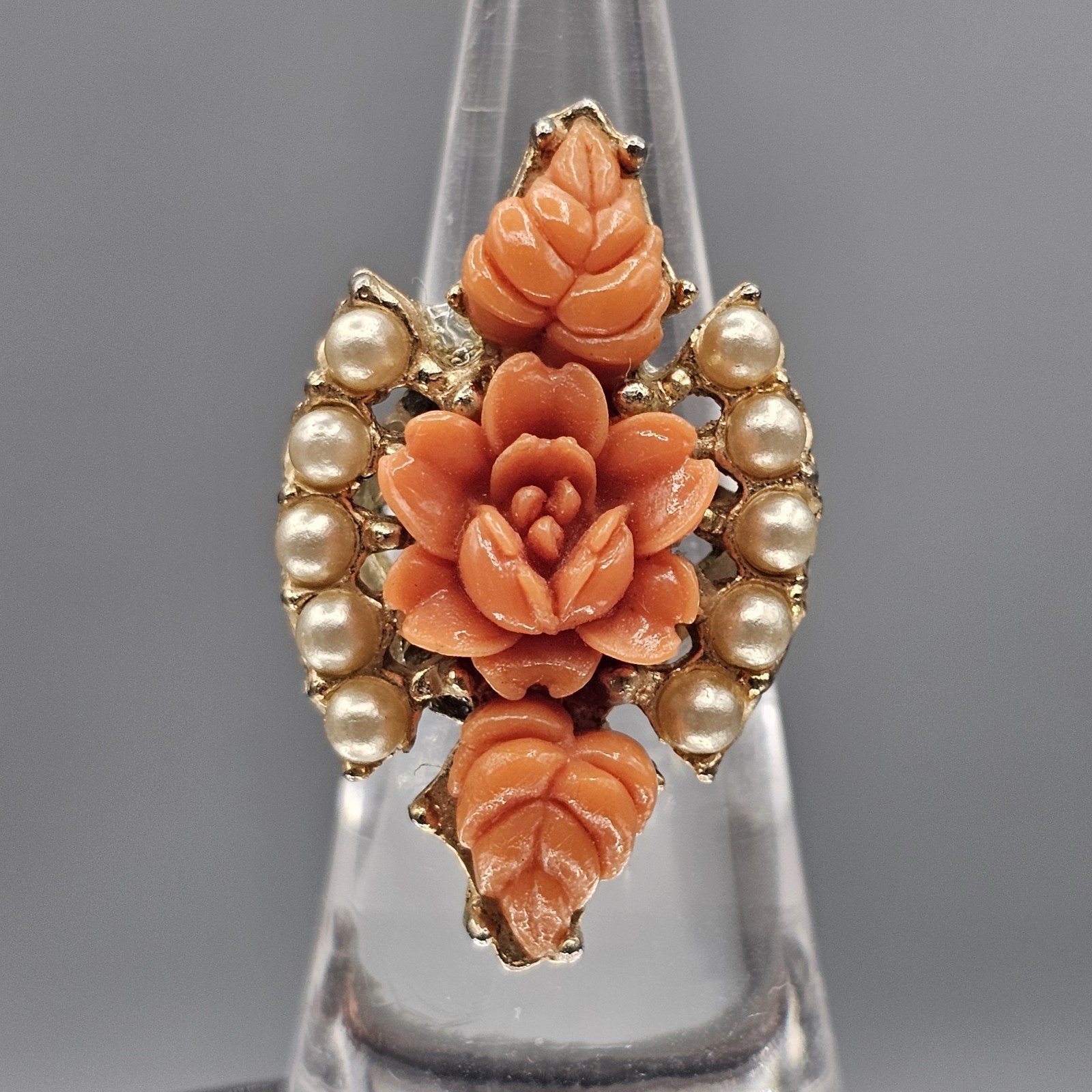 Vtg Faux Coral Rose Flower Ring Imitation Pearl Sz 5 Cut Band Molded Resin  - $19.99