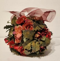 Silk Rose &amp; Holly Christmas Artificial Topiary Ball Burgandy Red Green Mistletoe - £15.65 GBP