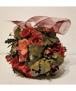 Silk Rose &amp; Holly Christmas Artificial Topiary Ball Burgandy Red Green M... - £15.80 GBP