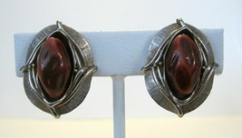 Plastic Lucite Clip Earrings Faux Brown Burgundy Stone Gold Tone Setting 1960s - £7.84 GBP