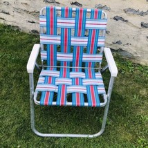 Vintage Sunbeam Aluminum Webbed Folding Beach Lawn Patio Chair Red White Blue - £31.60 GBP