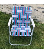 Vintage Sunbeam Aluminum Webbed Folding Beach Lawn Patio Chair Red White... - £31.03 GBP