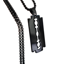 Black Razor Blade Pendant Necklace All Steel 24&quot; Round Box Chain With Velvet Bag - £9.46 GBP