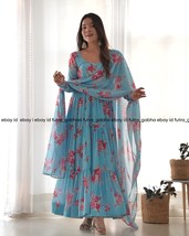 Sky blue long flared anarkali suit for womens,partywear anarkali suit,3p... - $52.00