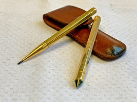 Mini Goldtone Pen &amp; Pencil Set Gem Rhinestone Accent in Leather Case Wri... - £23.85 GBP