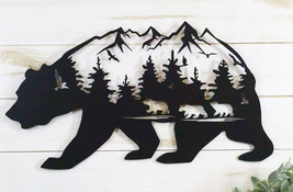 Rustic Scenic Black Bear With Cubs Pine Forest Mountains Wall Metal Cutout Decor - £31.89 GBP