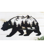 Rustic Scenic Black Bear With Cubs Pine Forest Mountains Wall Metal Cuto... - £31.37 GBP