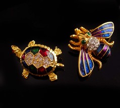 Vintage bee brooch Turtle pin set - rhinestone Insect pin - Vintage Fly - garden - £60.24 GBP