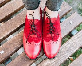 Two Tone Red Suede Oxford Derby Lace Up Real Leather Men Magnificent Dre... - $127.39