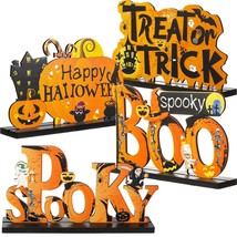 4 Pieces Halloween Decorations, Happy Halloween Table Centerpiece Boo Wooden Sig - £18.87 GBP