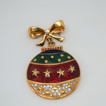 Christmas Ornament Enamel Brooch Dangle Pin Xmas Gold Tone 2&quot; Vtg Costume - £15.41 GBP