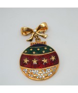 Christmas Ornament Enamel Brooch Dangle Pin Xmas Gold Tone 2&quot; Vtg Costume - £15.10 GBP