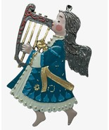 Vtg. Metal Christmas Ornament ANGEL Playing Harp Silver Hair Blue Dress ... - €15,62 EUR