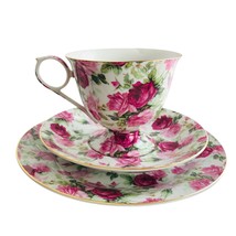 Rose Chintz Cup/Saucer and 7.25” Plate Pink Maroon Green&#39;s Cup 3.5&quot; Tall - £18.53 GBP