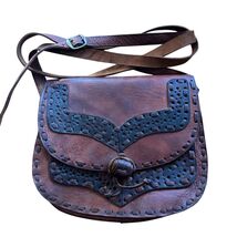 Boho Vintage Leather Saddle Bag Purse Shoulder Bag 8x9 Cognac Brown Trim... - $31.68