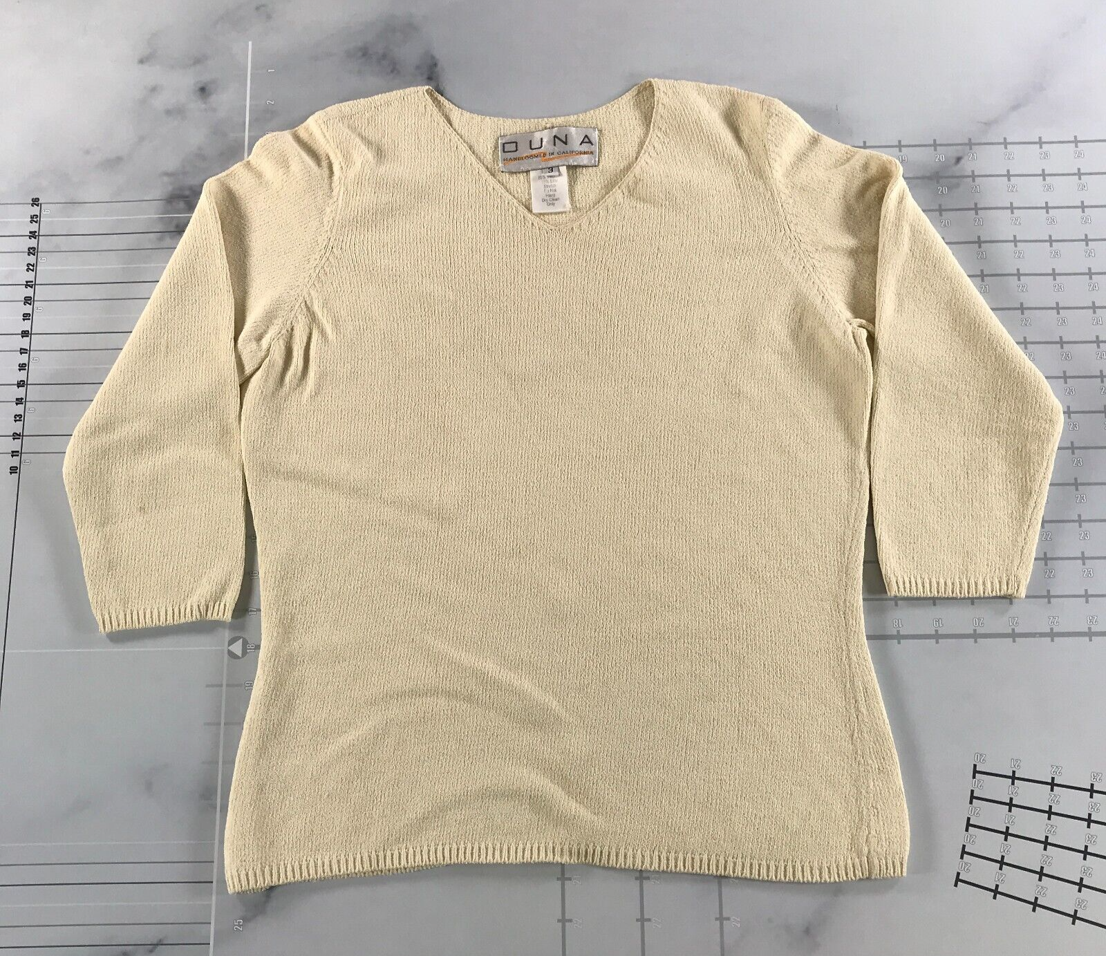 Vintage Duna Pullover Damen 3 Creme 3/4 Ärmel Gerippt Saum Dekor Strick-... - $19.78