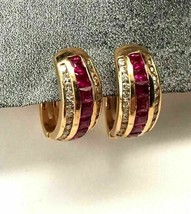 2.50Ct Princess Cut Lab-Created Red Ruby Hoop Earrings 14K Yellow Gold Plated - £95.37 GBP