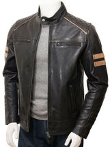 Mens Black Leather Jacket Biker Biker Lambskin - £133.71 GBP