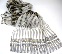 Echo Scarf Safety Pin Print White Brown Gold 72&quot; Long x 14.5&quot; Wide Sheer - $12.86