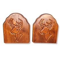 Vintage Bookends Wooden Carved Deer Buck Heads Set Of 2 - £31.75 GBP