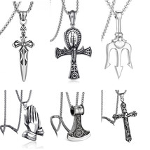 Men&#39;s Silver Ankh Jesus Cross Viking Axe Pendant Necklace Punk Biker Jewelry 24&quot; - £9.61 GBP