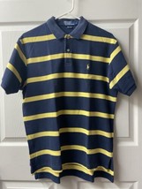 Vtg Polo Ralph Lauren Mens Medium Blue Yellow Pony Polo Shirt Striped Y2k Preppy - $15.79