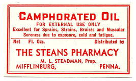 Vintage Pharmacy Label CAMPHORATED OIL Steans Pharmacy Mifflinburg Penns... - £18.20 GBP