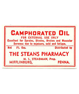 Vintage Pharmacy Label CAMPHORATED OIL Steans Pharmacy Mifflinburg Penns... - $37.27 CAD