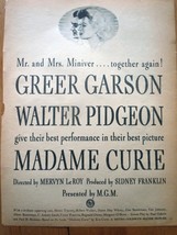 Madame Curie Greer Garson Walter Pidgeon MGM Movie Magazine Advertisemen... - $6.87 CAD