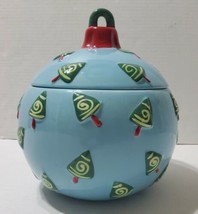 Christmas Bulb Ornament Cookie Jar Candy Dish Harbor East Blue w/ Christ... - $37.04