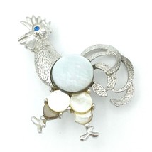 ROOSTER vintage mother of pearl disc pin - MCM silver or gold-tone MOP brooch - £11.99 GBP