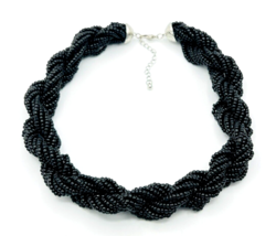 Braided Black Glass Seed Bead Necklace - £14.20 GBP