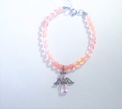 Bracelet Bead Pink w/Angel Charm 7&quot;+ Spring Clasp Upcycled Handmade - £4.00 GBP