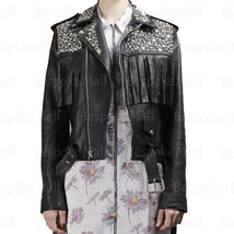 New Women&#39;s Black Silver Studded Fringes Brando Style Cowhide Leather Ja... - £251.05 GBP