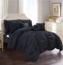 Pleated 10-piece Comforter Set Black Full Queen Flat Fitted Sheet Shams Pillows - £74.23 GBP
