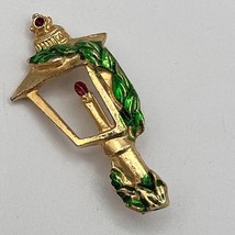 Vtg Christmas Street Lamp Lantern Enamel Brooch Gold Tone Holly Green Re... - $7.99