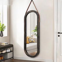 Mirror Full Length Wood Framed Mirror w/ Leather Strap 43&quot;X14&quot; Oval Large Mirror - $84.50