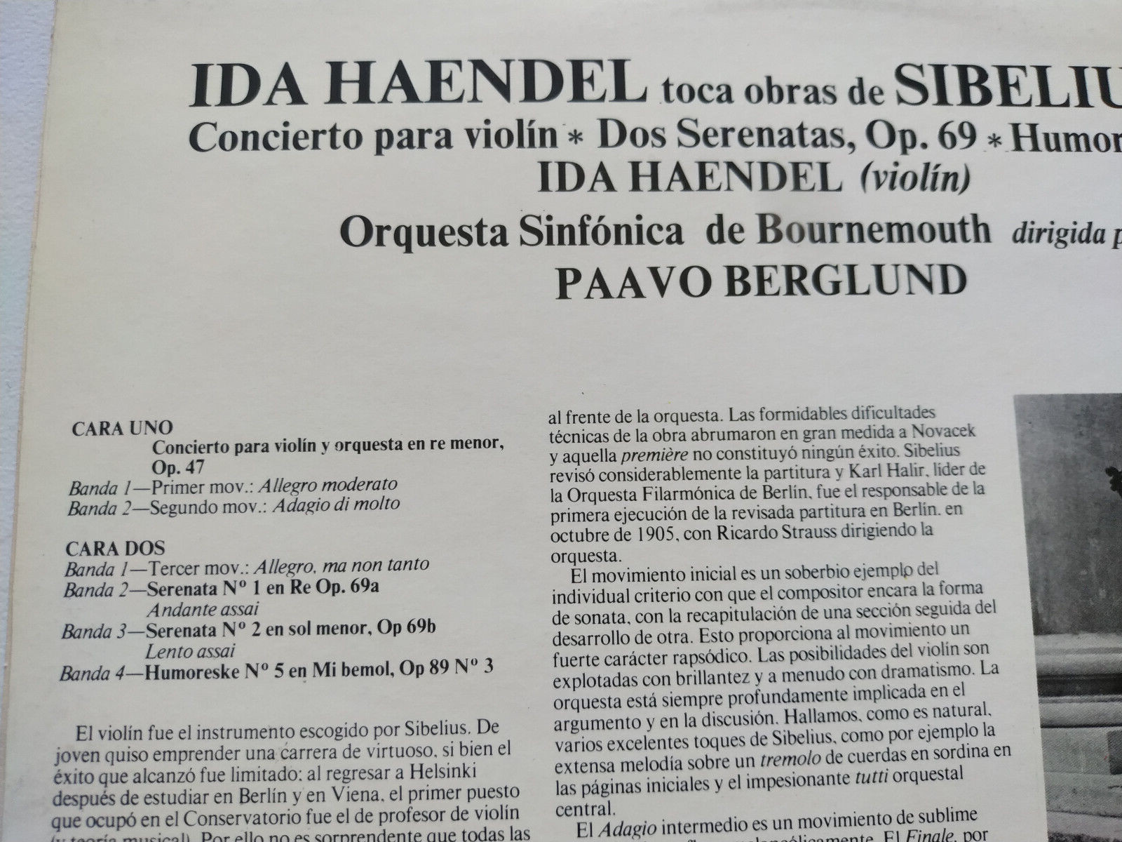 Ida Haendel Plays Sibelius Violin Concerto Berglund 1977 - LP 12 " vinile VG/VG Item image 4