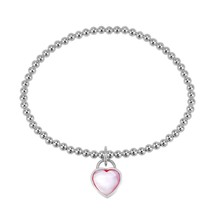 Chic Romantic Heart Pink Shell Inlay Sterling Silver Bead Charm Bracelet - £18.98 GBP