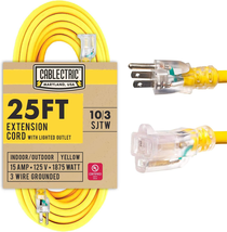 25 Ft Outdoor Extension Cord - 10/3 SJTW Heavy Duty Yellow 10 Gauge - $1,800.08 MXN