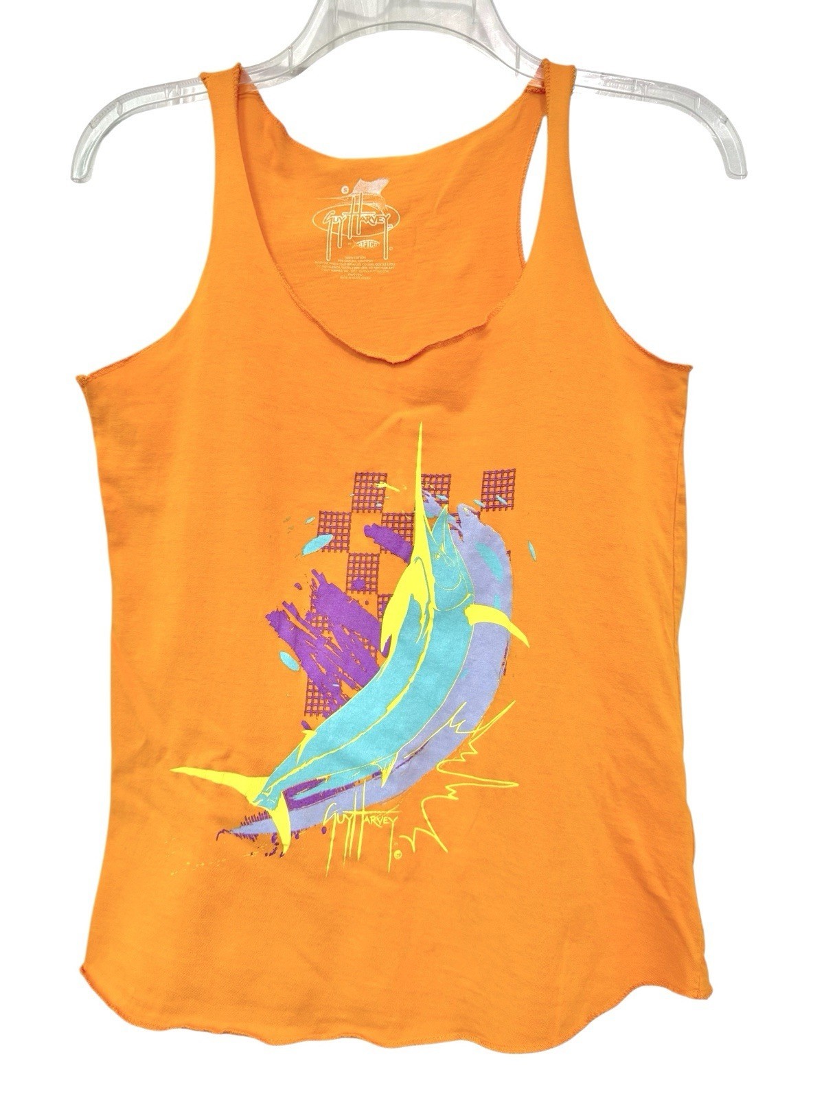 Guy Harvey Womens Small Orange Swordfish Marlin Graphic Racerback Tank Top - $7.95