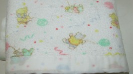 Vintage baby blanket pink green blue pastel bears balloons white nylon trim  - $41.57