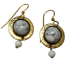 Dangle Drop Earrings White Gray Marbled Stones Vintage Gold Tone Hook  - $14.00